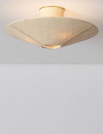 #color::brass #size::20.5-dia | Nieto woven with stitch detailing semi-flush mount light with light on