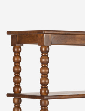 Close up of the top corner of the Foxton beaded turned wood tall bookcase