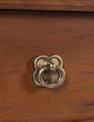 Close up of the drawer pull of the Foxton beaded turned wood two drawer console table
