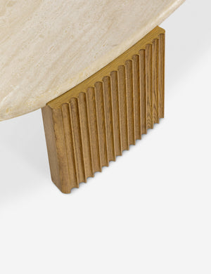 Close up of the Rayan travertine top and fluted leg coffee table