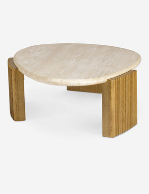 Angled overhead view of the Rayan travertine top and fluted leg coffee table