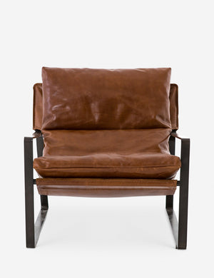 Brown leather Marlyne sling-back accent chair with black metal frame