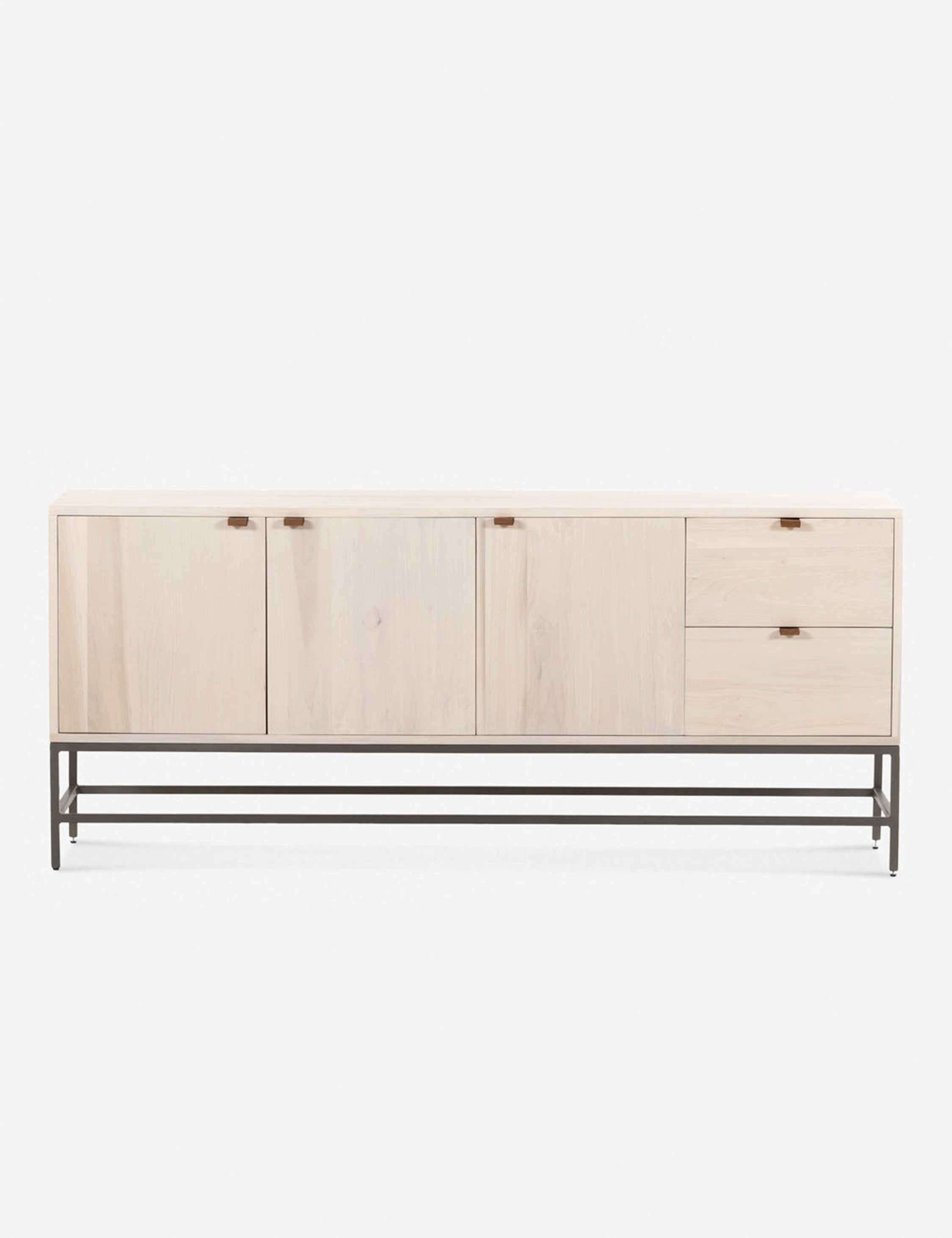#color::natural | Rosamonde natural wood sideboard with brown leather pulls and a metal base