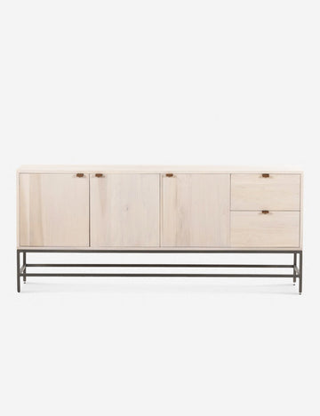 #color::natural | Rosamonde natural wood sideboard with brown leather pulls and a metal base