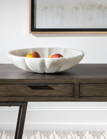 #color::white | Coralie delicate sculptural decorative Bowl filled with fruit on a table.