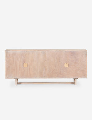 Rear view of the Margot whitewashed natural mango wood sideboard with cane doors.