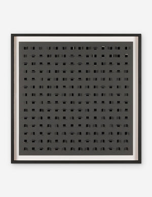 See Through charcoal gray and black wall art featuring square paper cutouts with flaps on a linen backdrop