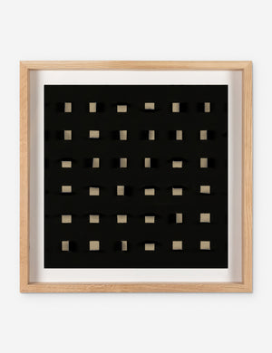 See Through small tan and black wall art featuring square paper cutouts with flaps on a linen backdrop