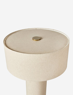 Close up of the shade of the Solstice monochromatic linen column floor lamp.