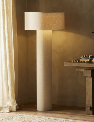 #color::natural | Solstice monochromatic linen column floor lamp styled next to a console table.