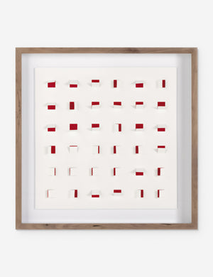 See Through small cherry red and white wall art featuring square paper cutouts with flaps on a linen backdrop