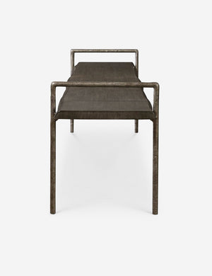 Side profile of the Indrani sleek wooden bench with iron frame.