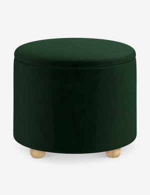 Kamila Emerald Green Velvet 24-inch round ottoman with storage space and pinewood feet