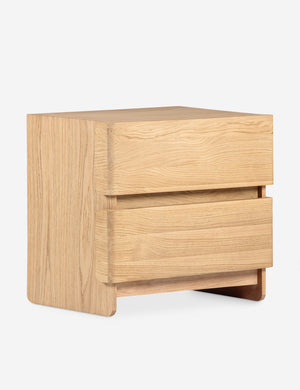 Angled view of the Mikiya modern natural oak 2-drawer nightstand