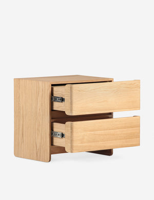 Angled view of the Mikiya modern natural oak 2-drawer nightstand with both drawers open