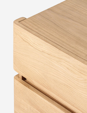 Close up of the Mikiya modern natural oak 2-drawer nightstand