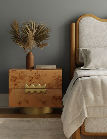 #color::natural-burl | Bertone burl wood 2-drawer nightstand styled by the bedside