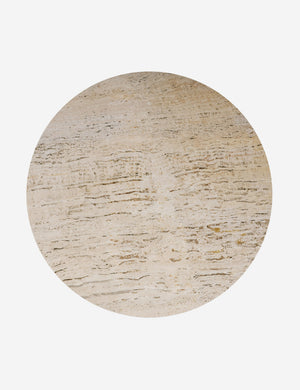 Overhead view of the Aleda round travertine and wood mixed-material coffee table.
