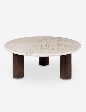 #color::dark-brown-and-travertine | Aleda round travertine and wood mixed-material coffee table.