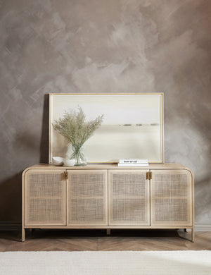Brooke natural solid oak sideboard with iron pulls and woven cane doors