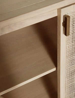 Brooke natural solid oak sideboard with iron pulls and woven cane doors