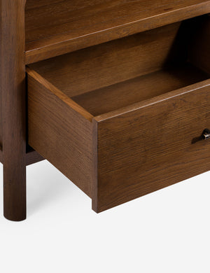 Close up of the bottom drawer of the Ralston open shelf walnut nightstand