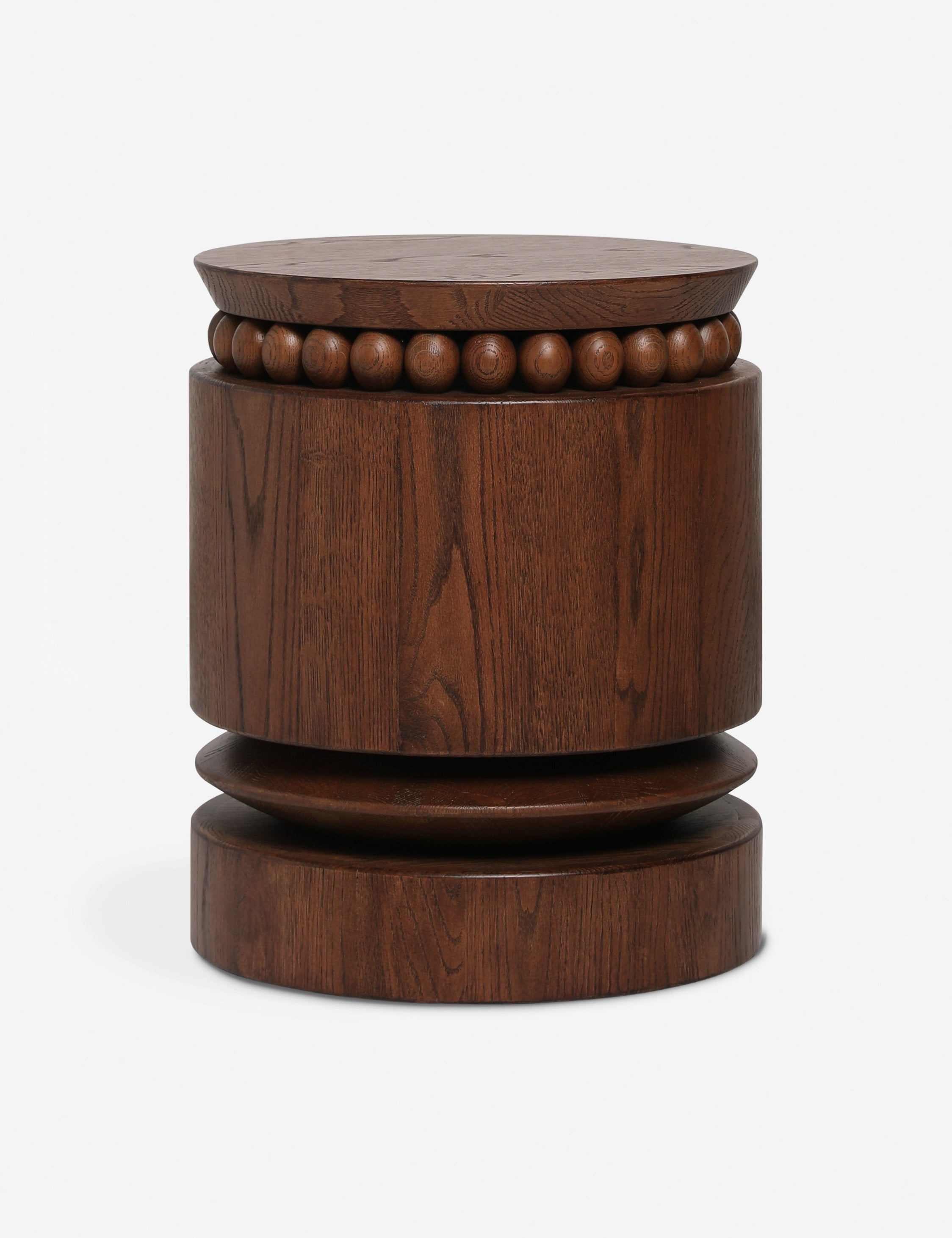 #color::espresso | Coco round drum beaded wood side table by Carly Cushnie.