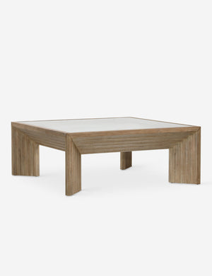 Pender modern wood and glass top square coffee table.