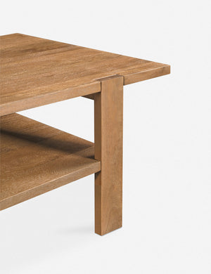 Close up of the Knappet natural grain wooden coffee table with shelf.