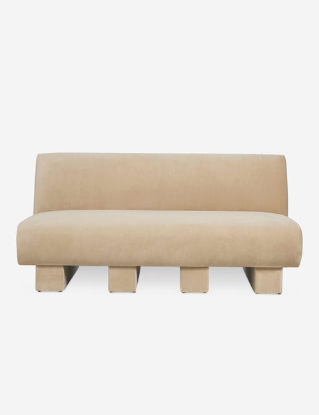 #color::brie-classic-velvet #configuration::left-facing #configuration::right-facing #size::142-W #size::114-W | Centerpiece of the Lena beige velvet sectional sofa with upholstered beam legs