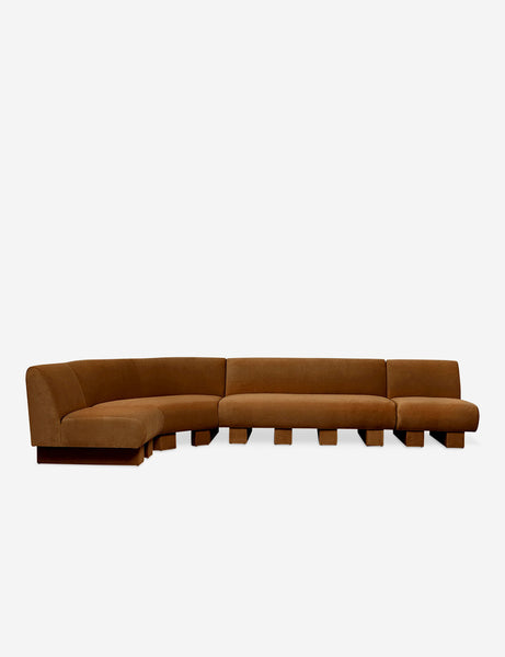 #color::Cognac-velvet #configuration::left-facing #size::142-W | Lena left-facing cognac velvet sectional sofa with upholstered beam legs.