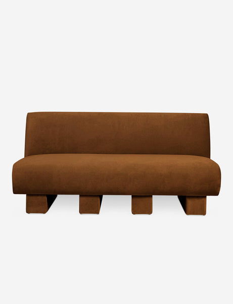 #color::Cognac-velvet #configuration::left-facing #configuration::right-facing #size::142-W #size::114-W | Centerpiece of the Lena cognac velvet sectional sofa with upholstered beam legs