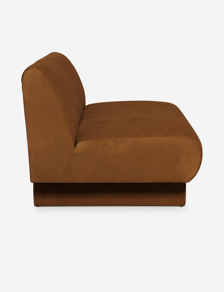 #color::Cognac-velvet #configuration::left-facing #configuration::right-facing #size::142-W #size::114-W | Side view of the Centerpiece of the Lena cognac velvet sectional sofa with upholstered beam legs