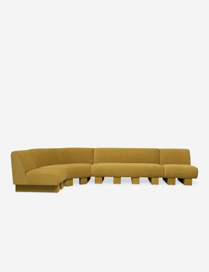 Lena left-facing yellow velvet sectional sofa with upholstered beam legs.