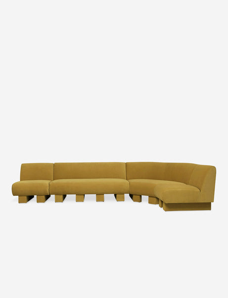 #color::goldenrod-plush-velvet #configuration::right-facing #size::142-W | Lena right-facing yellow velvet sectional sofa with upholstered beam legs.