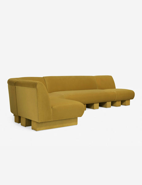 #color::goldenrod-plush-velvet #configuration::left-facing #size::142-W | Angled view of the Lena left-facing yellow velvet sectional sofa with upholstered beam legs.