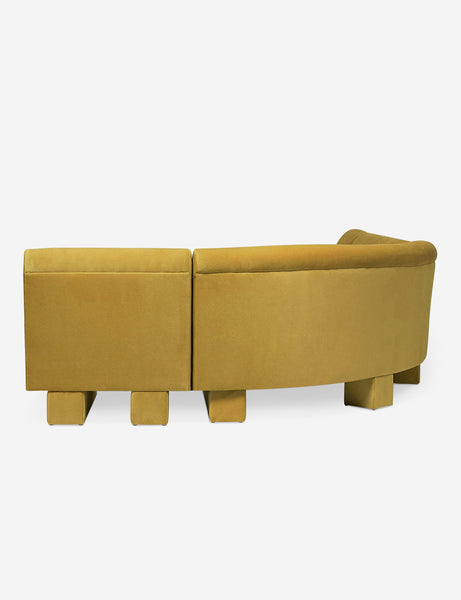 #color::goldenrod-plush-velvet #configuration::left-facing #size::142-W | Rear view of the side of the Lena left-facing yellow velvet sectional sofa with upholstered beam legs.