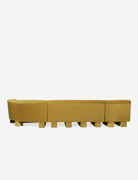 #color::goldenrod-plush-velvet #configuration::right-facing #size::142-W | Rear view of the side of the Lena right-facing yellow velvet sectional sofa with upholstered beam legs.