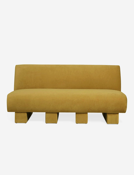 #color::goldenrod-plush-velvet #configuration::left-facing #configuration::right-facing #size::142-W #size::114-W | Centerpiece of the Lena yellow velvet sectional sofa with upholstered beam legs