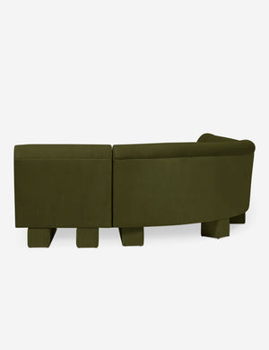 Rear view of the side of the Lena right-facing gray velvet sectional sofa with upholstered beam legs.