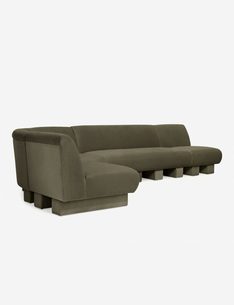 #color::Loden-velvet #configuration::left-facing #size::142-W | Angled view of the Lena left-facing gray velvet sectional sofa with upholstered beam legs.