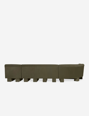 Rear view of the entire Lena left-facing gray velvet sectional sofa with upholstered beam legs.