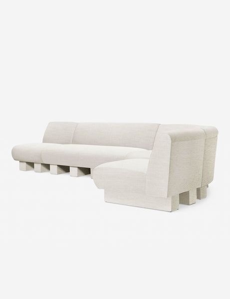 #color::Natural-Linen #configuration::right-facing #size::142-W | Angled view of the Lena right-facing natural linen sectional sofa with upholstered beam legs.