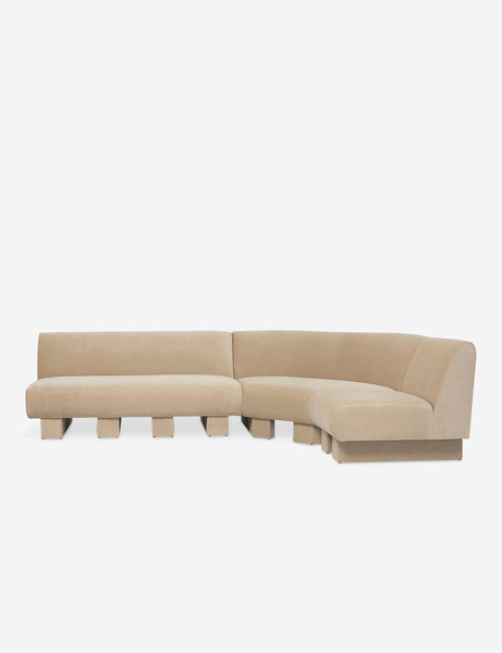 #color::brie-classic-velvet #configuration::right-facing #size::114-W | Lena right-facing beige velvet sectional sofa with upholstered beam legs.
