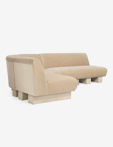 #color::brie-classic-Velvet #configuration::left-facing #size::114-W | Angled view of the Lena left-facing beige velvet sectional sofa with upholstered beam legs.