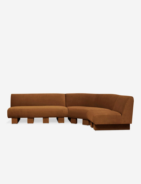 #color::Cognac-Velvet #configuration::right-facing #size::114-W | Lena right-facing cognac velvet sectional sofa with upholstered beam legs.