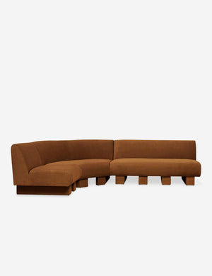 Lena left-facing cognac velvet sectional sofa with upholstered beam legs.