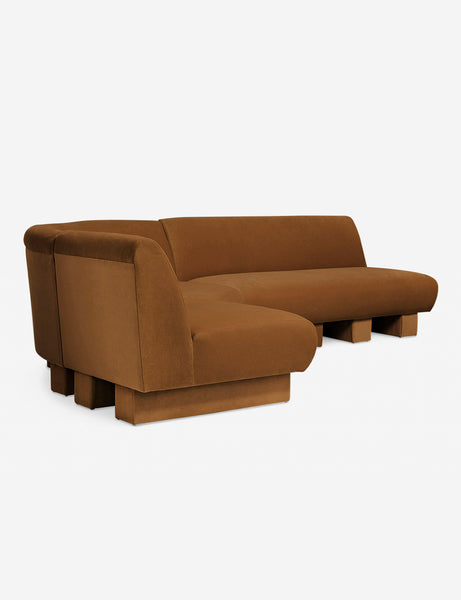 #color::Cognac-Velvet #configuration::left-facing #size::114-W | Angled view of the Lena left-facing cognac velvet sectional sofa with upholstered beam legs.