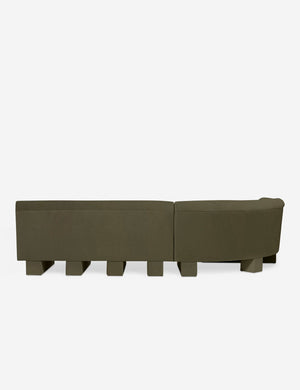 Rear view of the entire Lena left-facing gray velvet sectional sofa with upholstered beam legs.