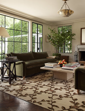 A living room featuring the Tillar Hand-Knotted Botanical Lattice Wool Rug by Jake Arnold